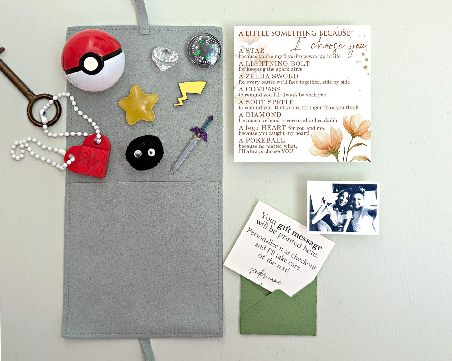 I Choose You Gift, Gift with photo, Little bag gifts for him, Anime, ball, Zelda sword, Pikachu, soot sprite, Lego Keychain