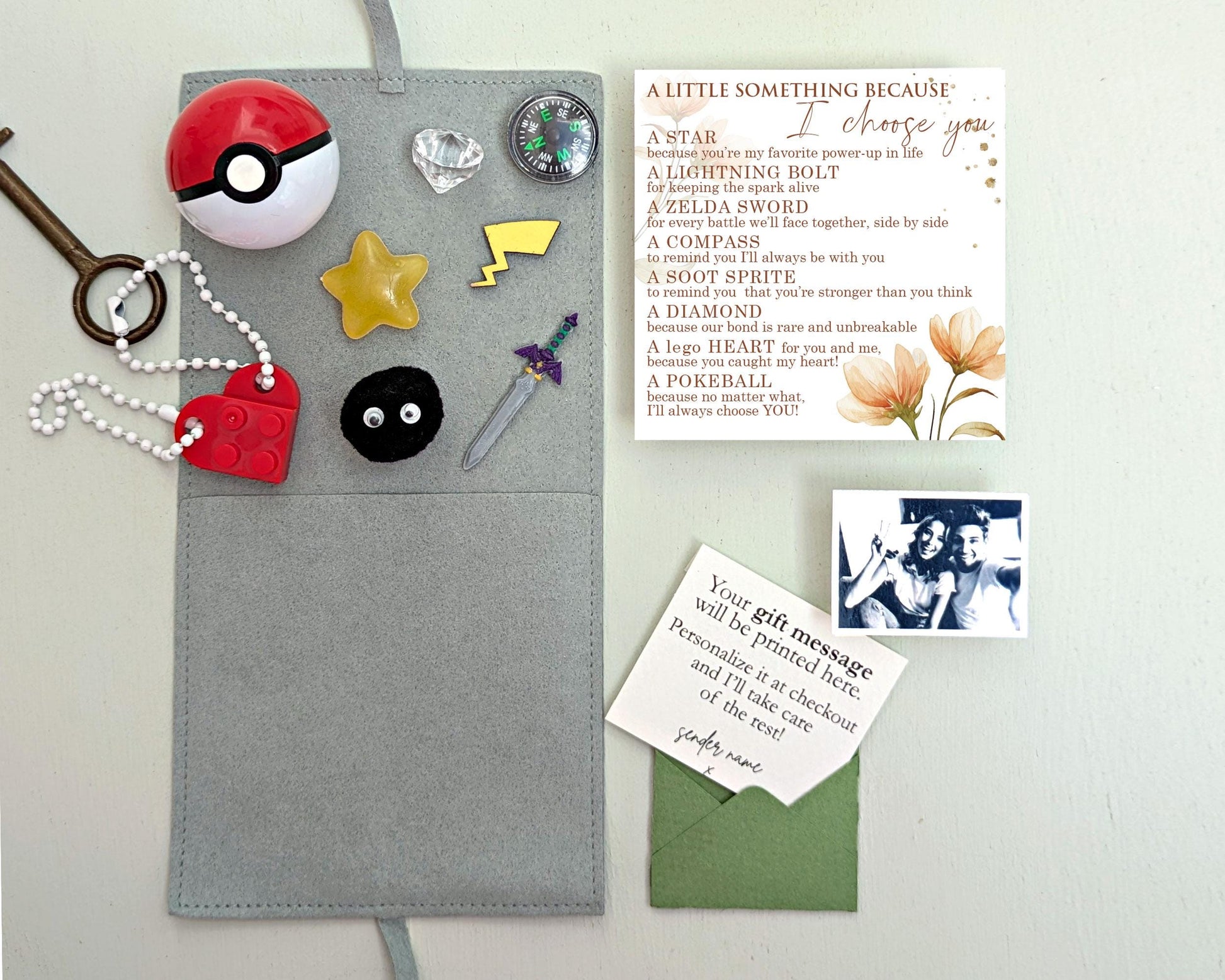 I Choose You Gift, Gift with photo, Little bag gifts for him, Anime, ball, Zelda sword, Pikachu, soot sprite, Lego Keychain