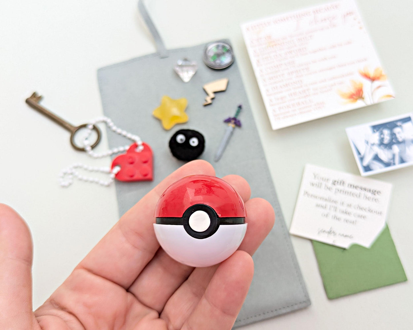 I Choose You Gift, Gift with photo, Little bag gifts for him, Anime, ball, Zelda sword, Pikachu, soot sprite, Lego Keychain