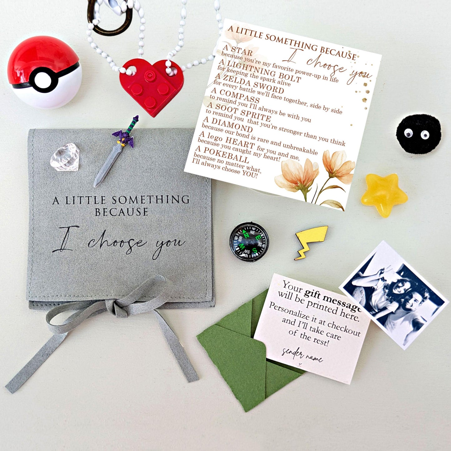 I Choose You Gift, Gift with photo, Little bag gifts for him, Anime, ball, Zelda sword, Pikachu, soot sprite, Lego Keychain