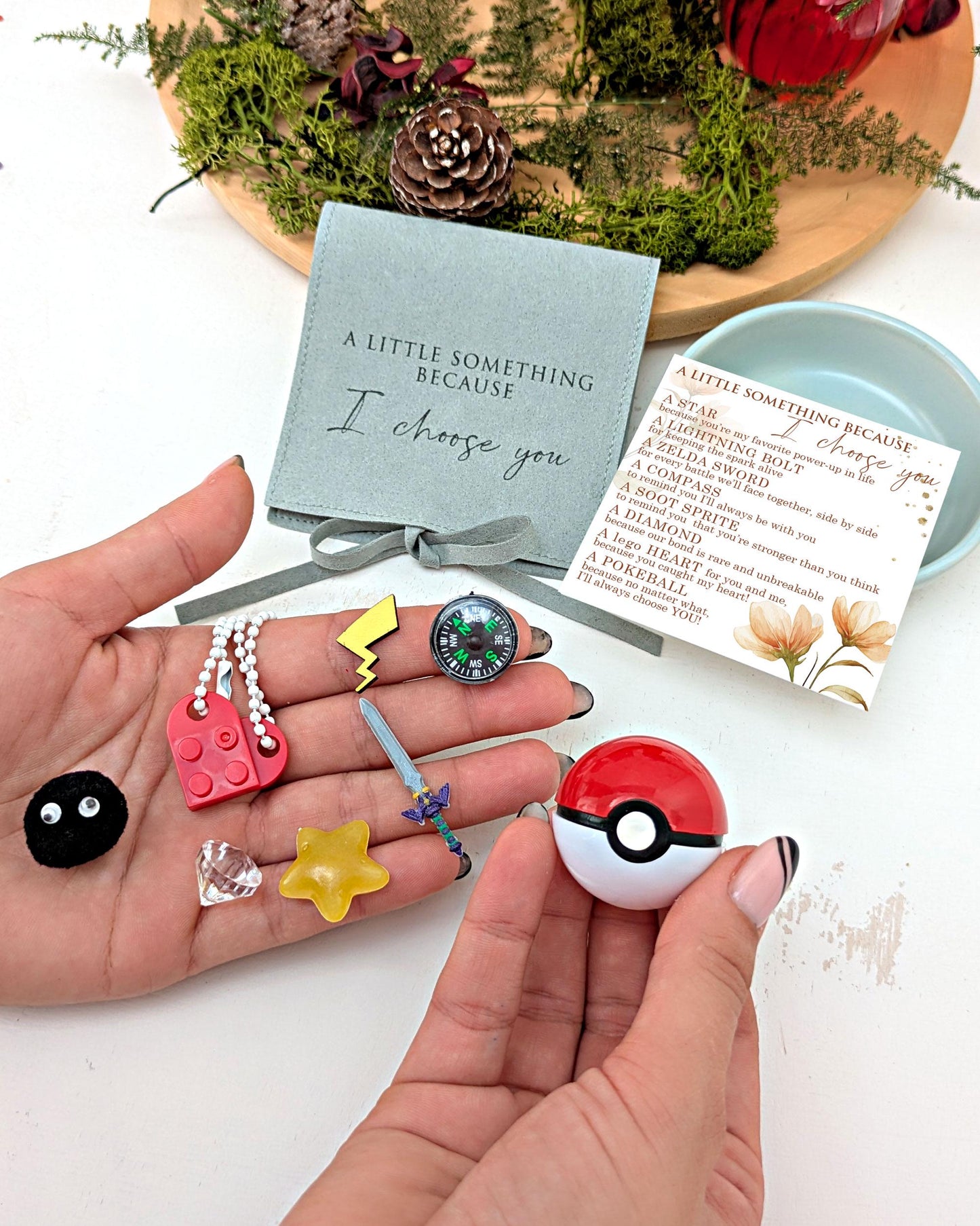 I Choose You Gift, Gift with photo, Little bag gifts for him, Anime, ball, Zelda sword, Pikachu, soot sprite, Lego Keychain