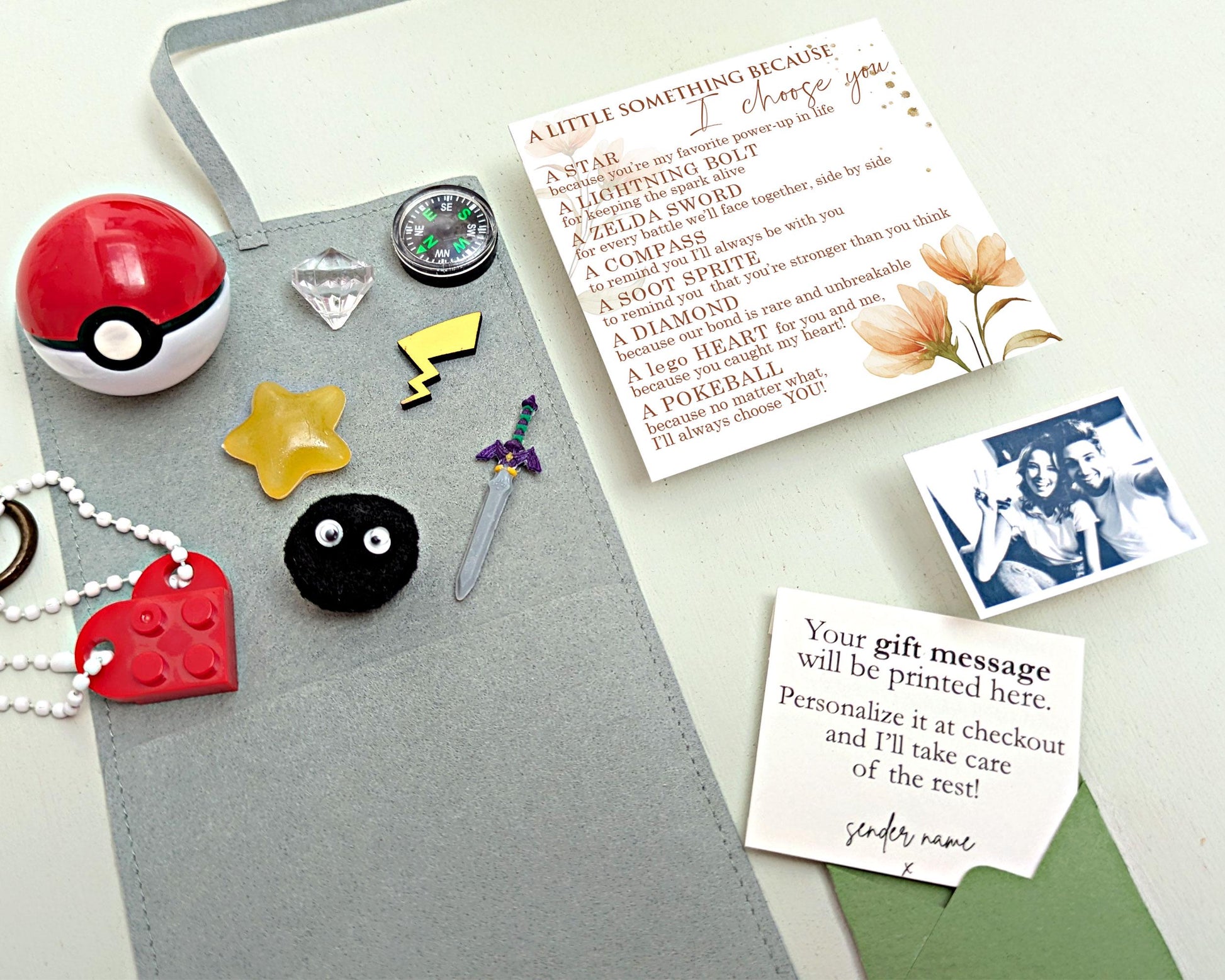 I Choose You Gift, Gift with photo, Little bag gifts for him, Anime, ball, Zelda sword, Pikachu, soot sprite, Lego Keychain