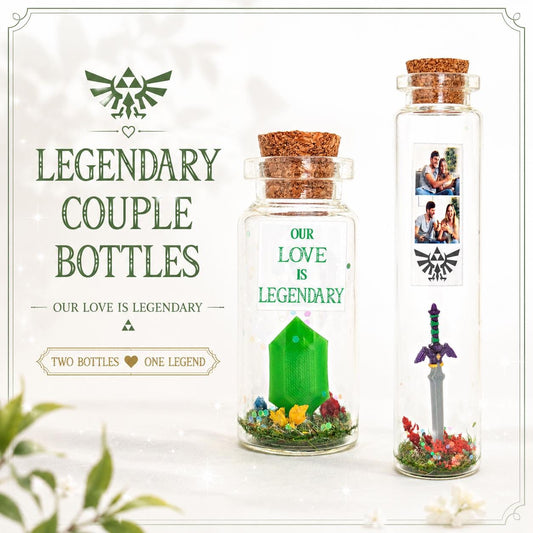 Custom Photo Gamer Anniversary Bottle: Green Gem or Master Sword Legendary Miniature Couple Keepsake