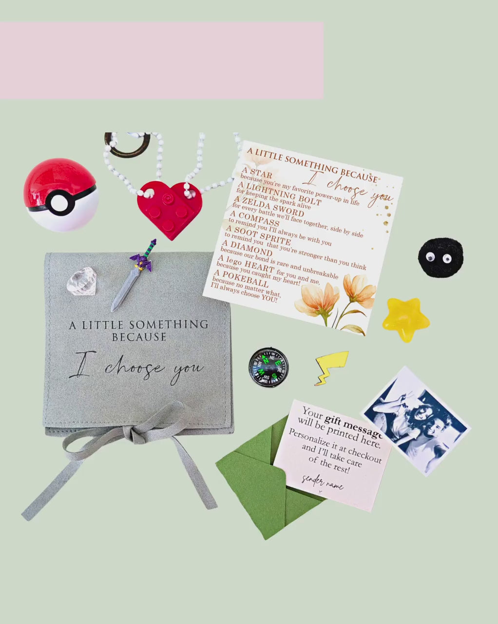 I Choose You Gift, Gift with photo, Little bag gifts for him, Anime, ball, Zelda sword, Pikachu, soot sprite, Lego Keychain